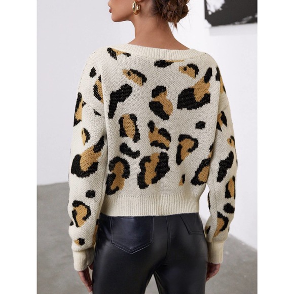 Faux wrap Leopard print v neck Overlap knit Sweater - Picture 5 of 5